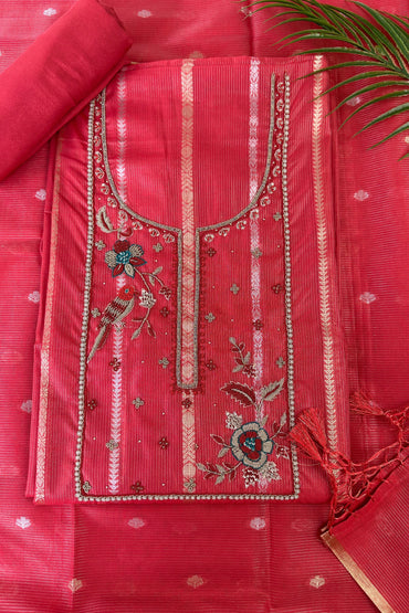 Chanderi Banarasi Zardozi Handwork Brick Red Unstitched Suit Set