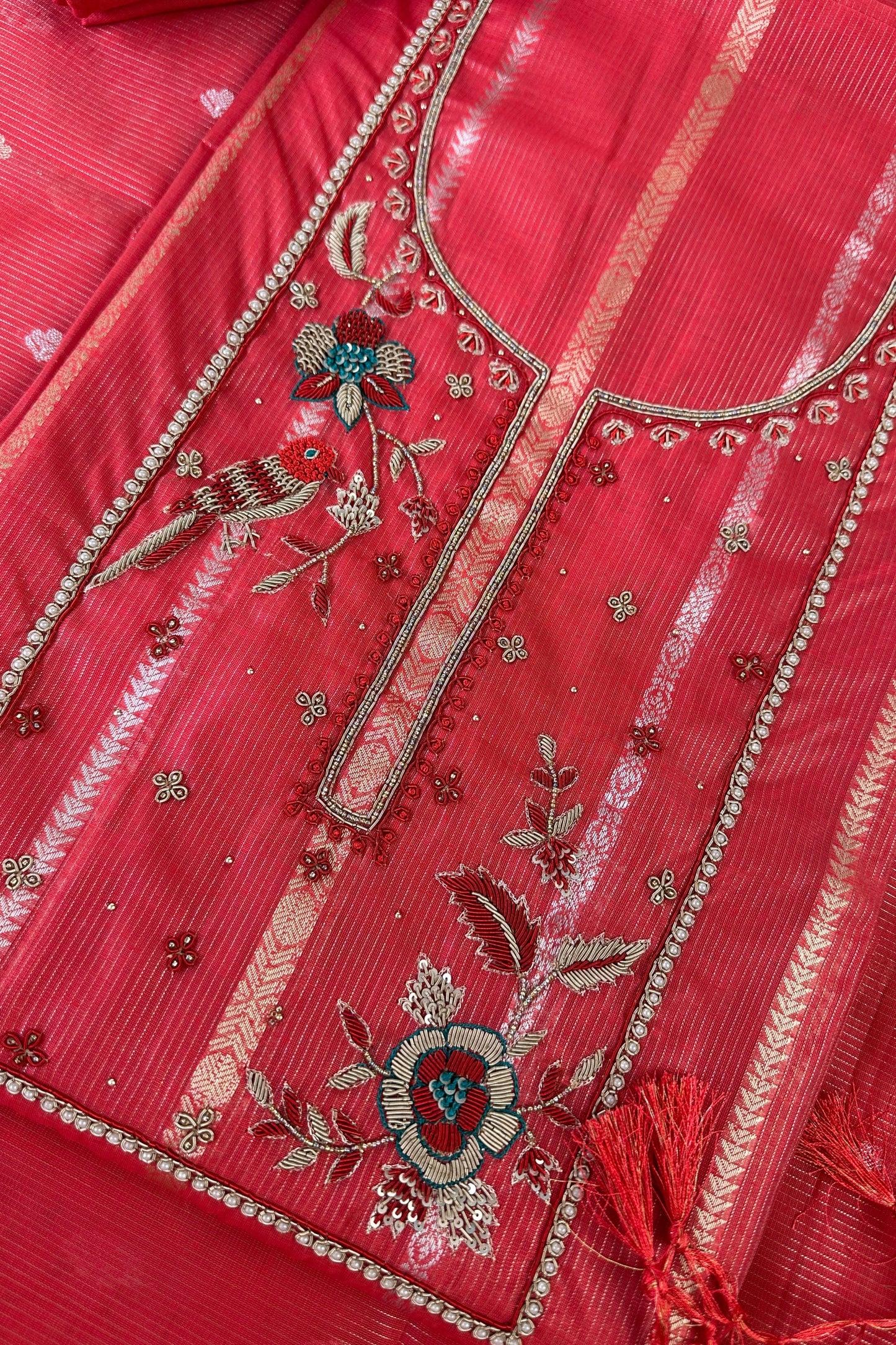 Chanderi Banarasi Zardozi Handwork Brick Red Unstitched Suit Set