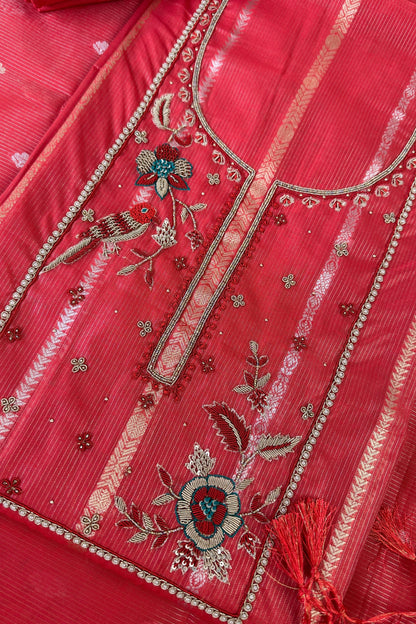 Chanderi Banarasi Zardozi Handwork Brick Red Unstitched Suit Set
