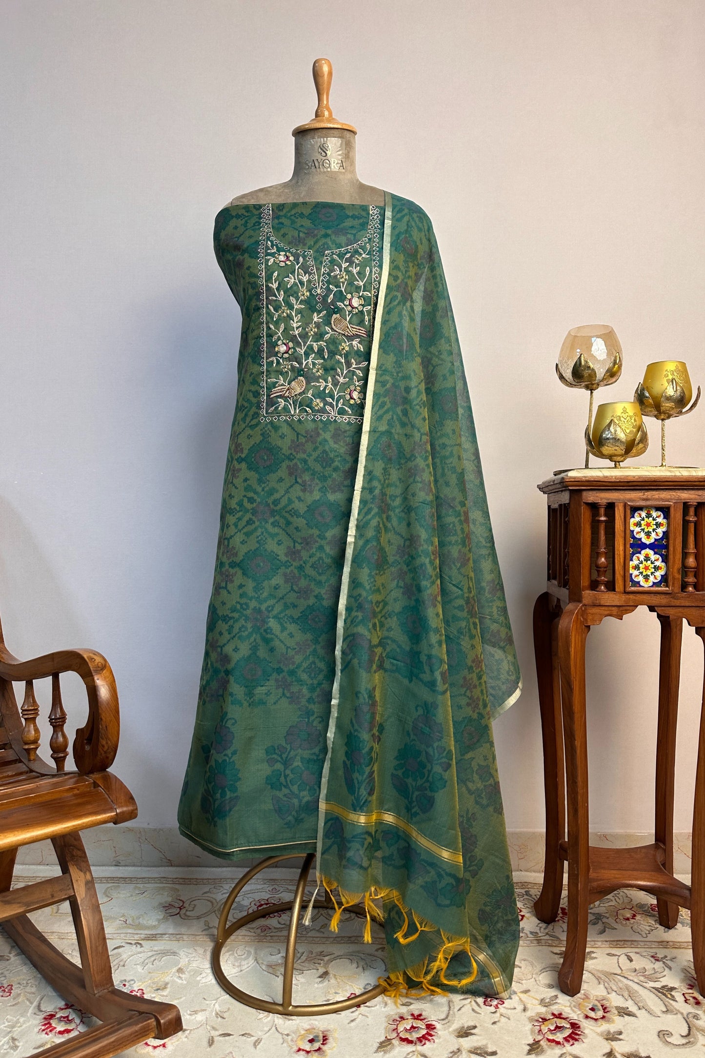 Chanderi Ikkat Print Zardozi Embroidered Green Unstitched Suit Set