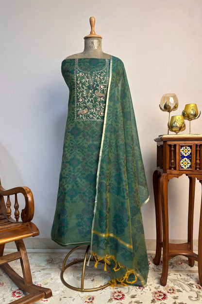 Chanderi Ikkat Print Zardozi Embroidered Green Unstitched Suit Set
