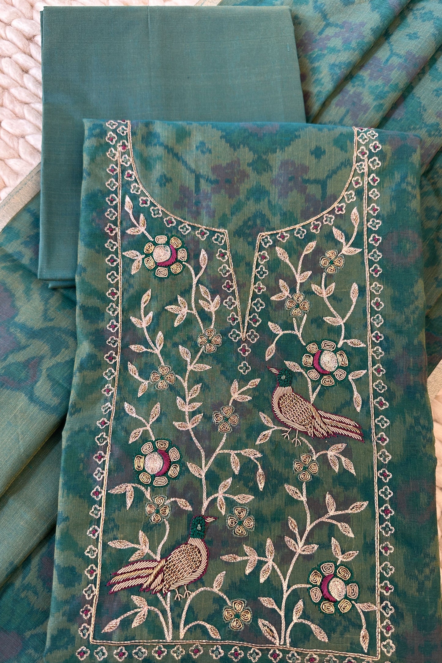 Chanderi Ikkat Print Zardozi Embroidered Green Unstitched Suit Set
