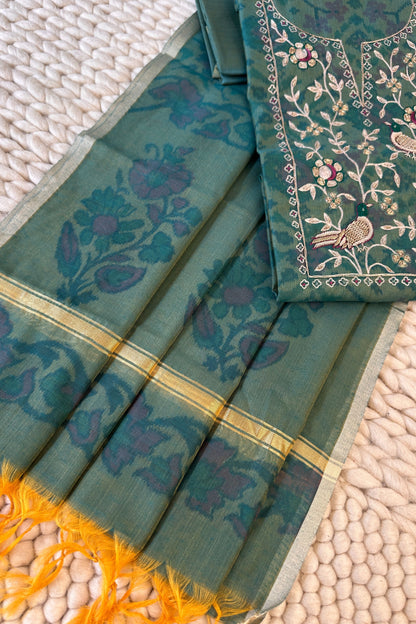 Chanderi Ikkat Print Zardozi Embroidered Green Unstitched Suit Set