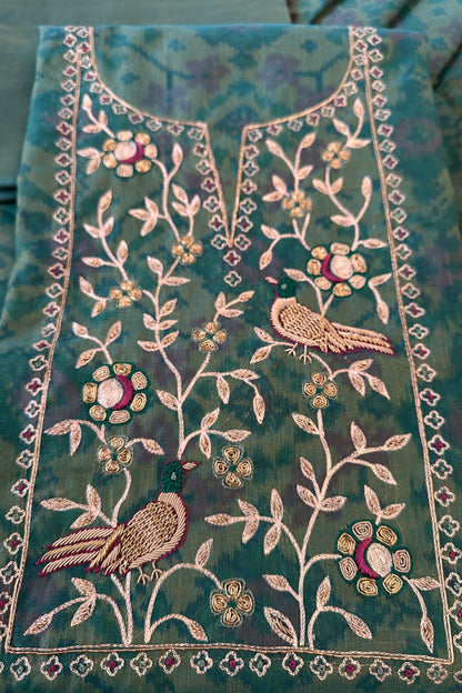 Chanderi Ikkat Print Zardozi Embroidered Green Unstitched Suit Set