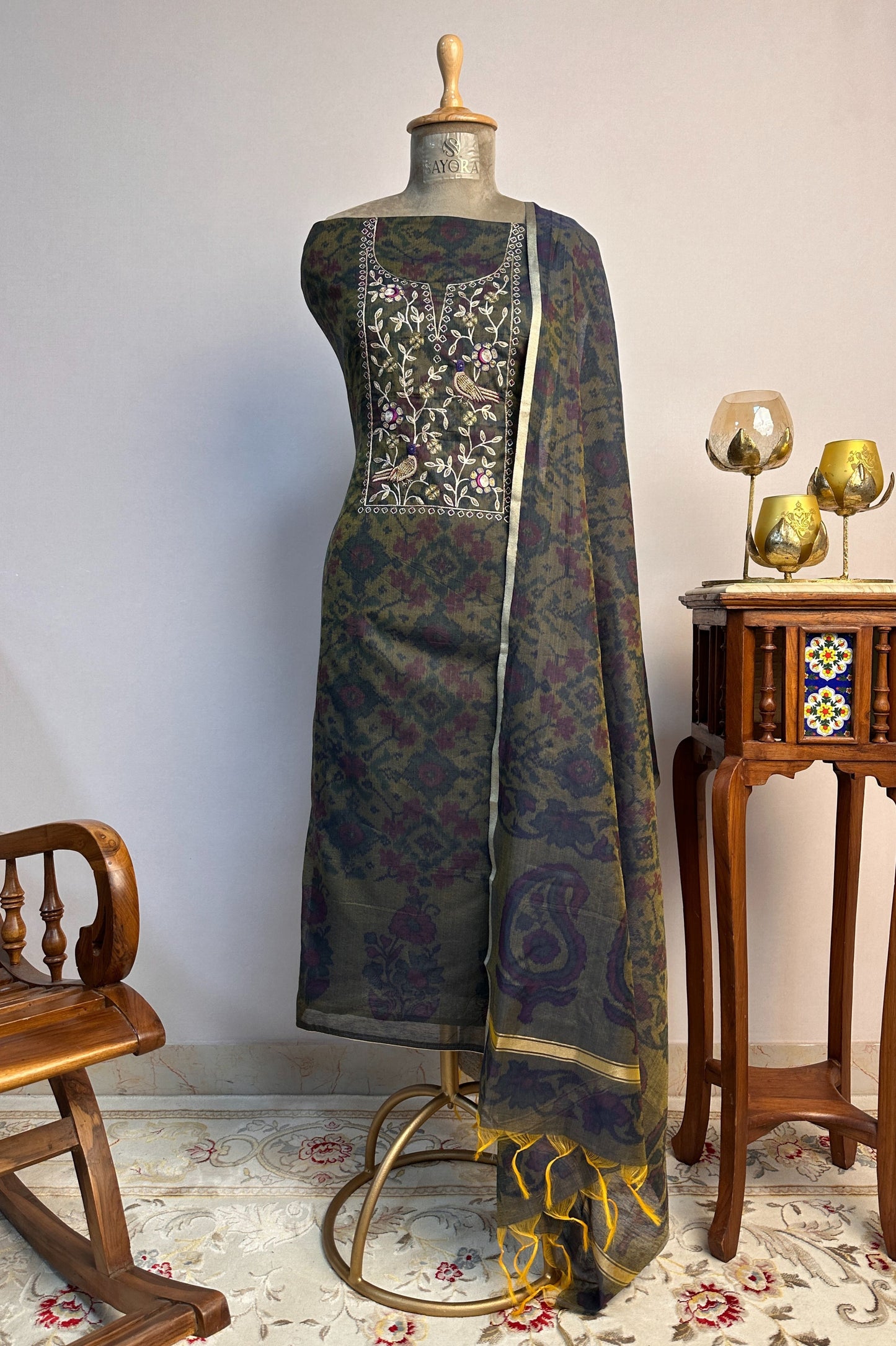 Chanderi Ikkat Print Zardozi Embroidered Unstitched Suit Set