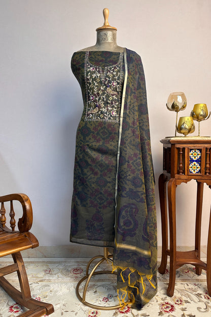 Chanderi Ikkat Print Zardozi Embroidered Unstitched Suit Set