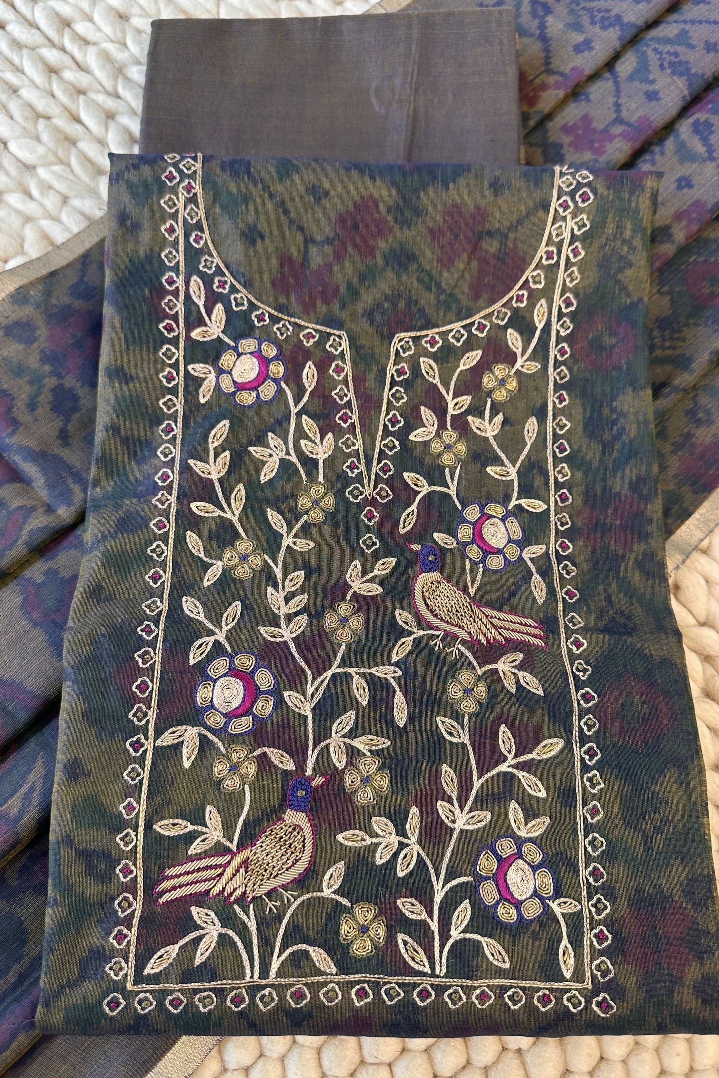 Chanderi Ikkat Print Zardozi Embroidered Unstitched Suit Set