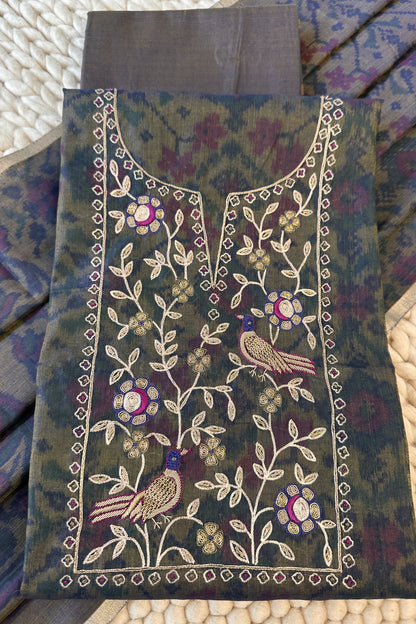 Chanderi Ikkat Print Zardozi Embroidered Unstitched Suit Set