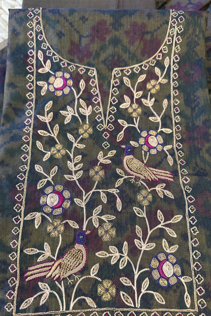 Chanderi Ikkat Print Zardozi Embroidered Unstitched Suit Set