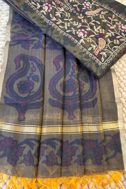 Chanderi Ikkat Print Zardozi Embroidered Unstitched Suit Set