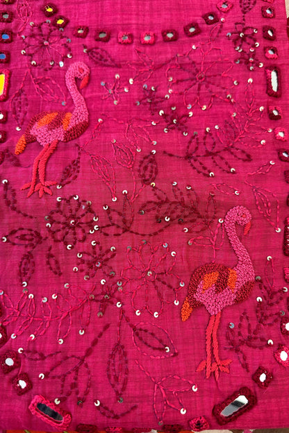 Chanderi Mirror Handwork Unstitched Suit Set With 70 gm Chanderi Varli Art Dupatta