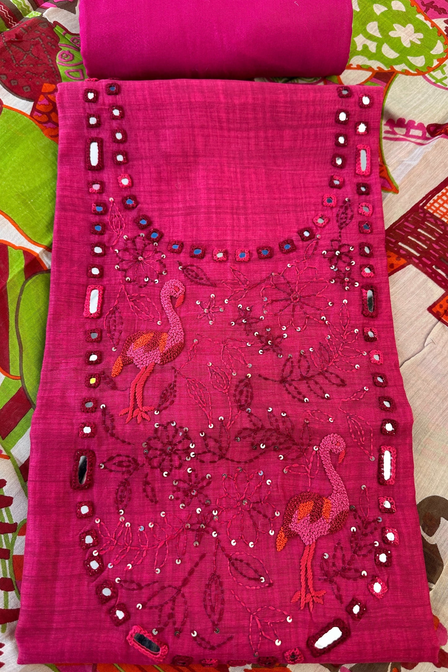 Chanderi Mirror Handwork Unstitched Suit Set With 70 gm Chanderi Varli Art Dupatta