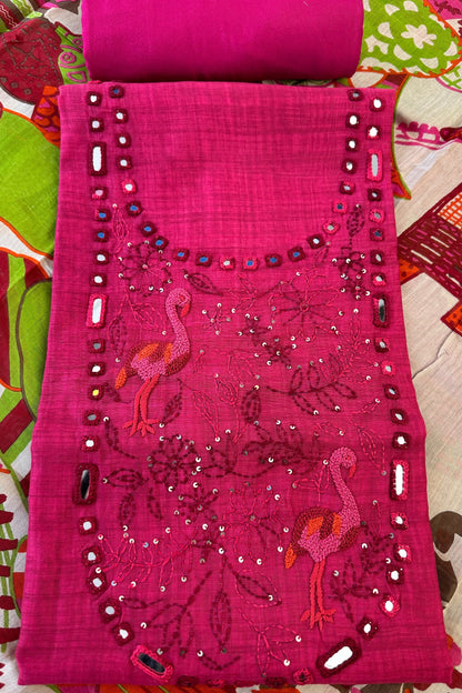 Chanderi Mirror Handwork Unstitched Suit Set With 70 gm Chanderi Varli Art Dupatta