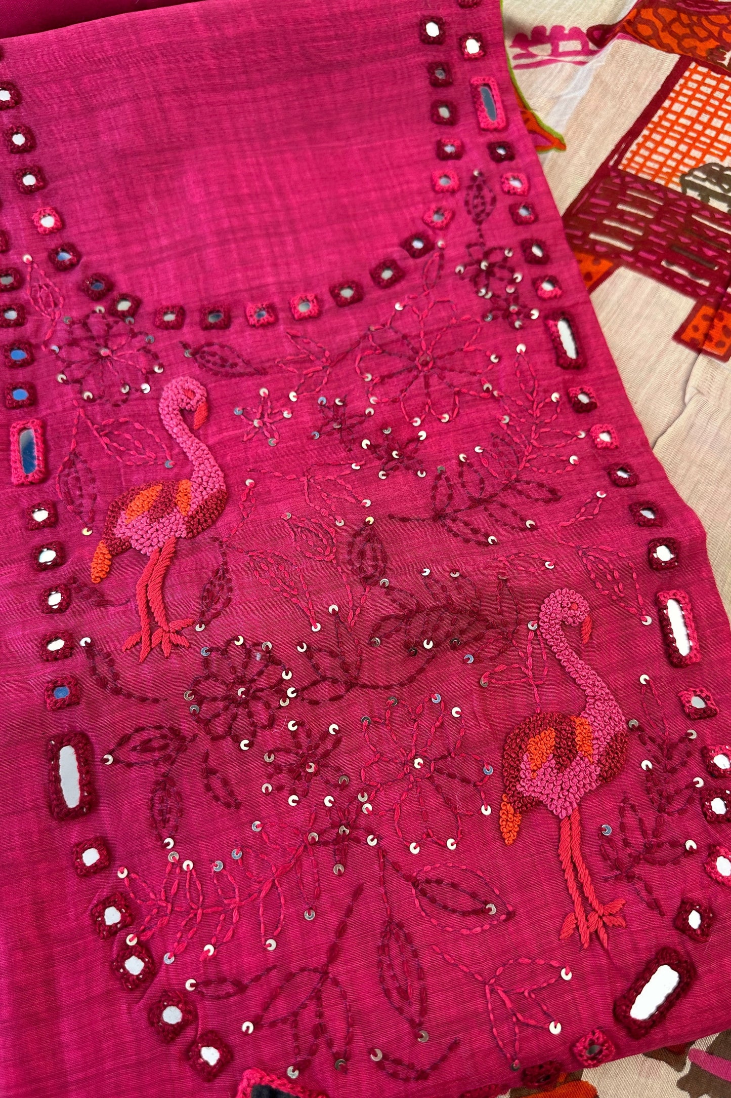 Chanderi Mirror Handwork Unstitched Suit Set With 70 gm Chanderi Varli Art Dupatta