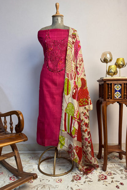 Chanderi Mirror Handwork Unstitched Suit Set With 70 gm Chanderi Varli Art Dupatta