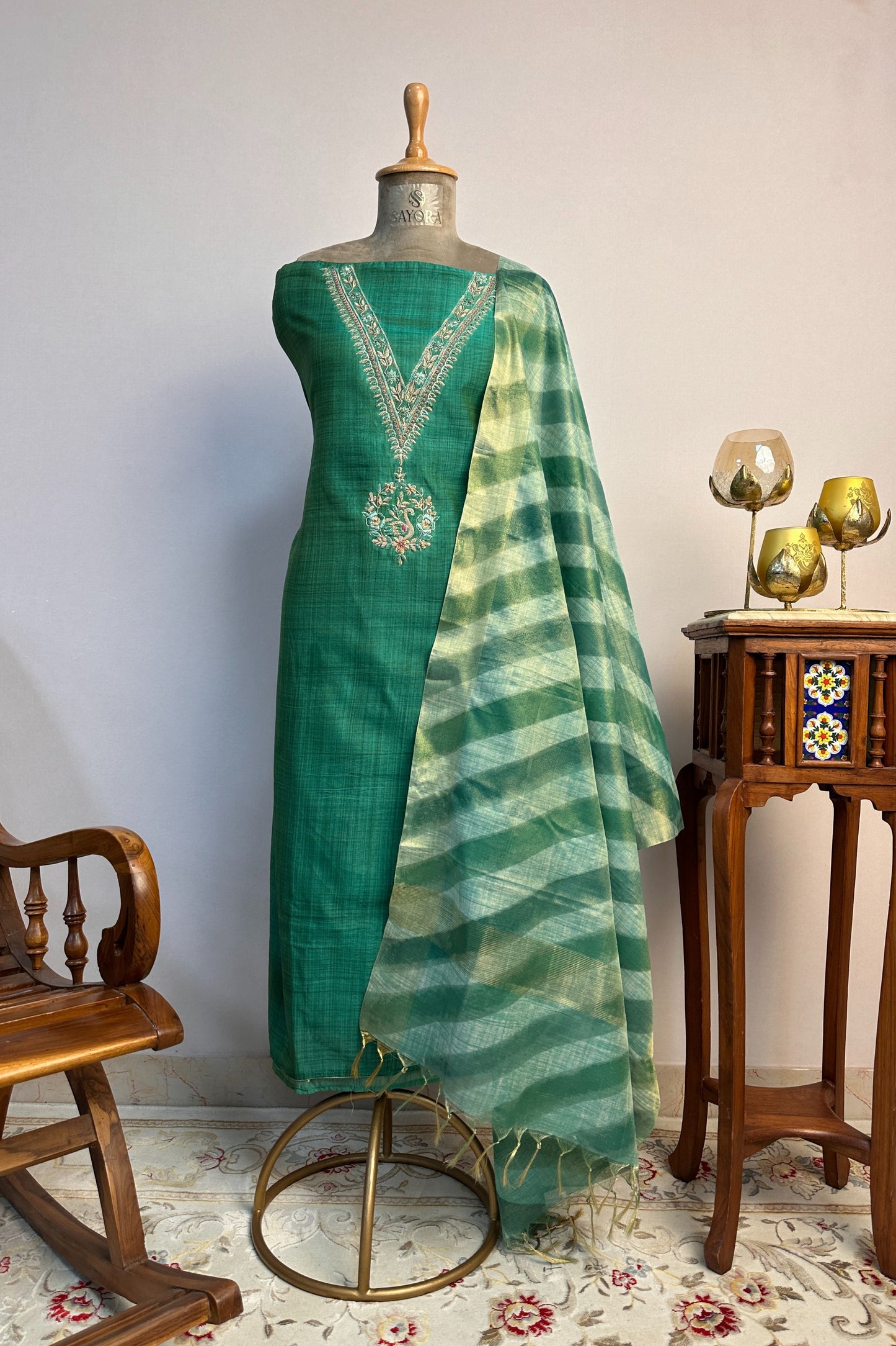 Chanderi V Neck Hand Embroidered Green Unstitched Suit Set