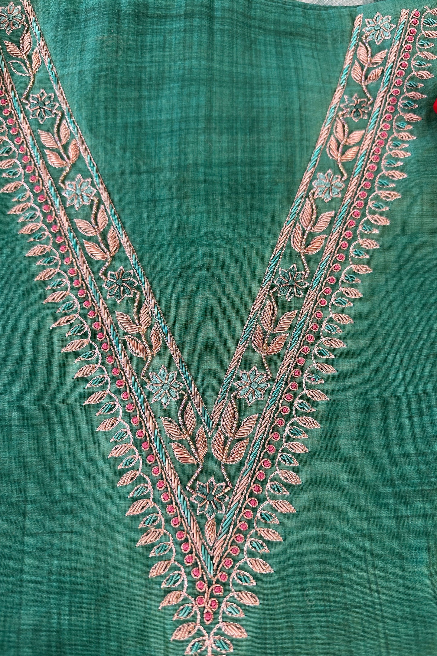 Chanderi V Neck Hand Embroidered Green Unstitched Suit Set