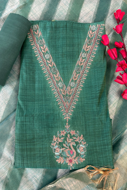 Chanderi V Neck Hand Embroidered Green Unstitched Suit Set