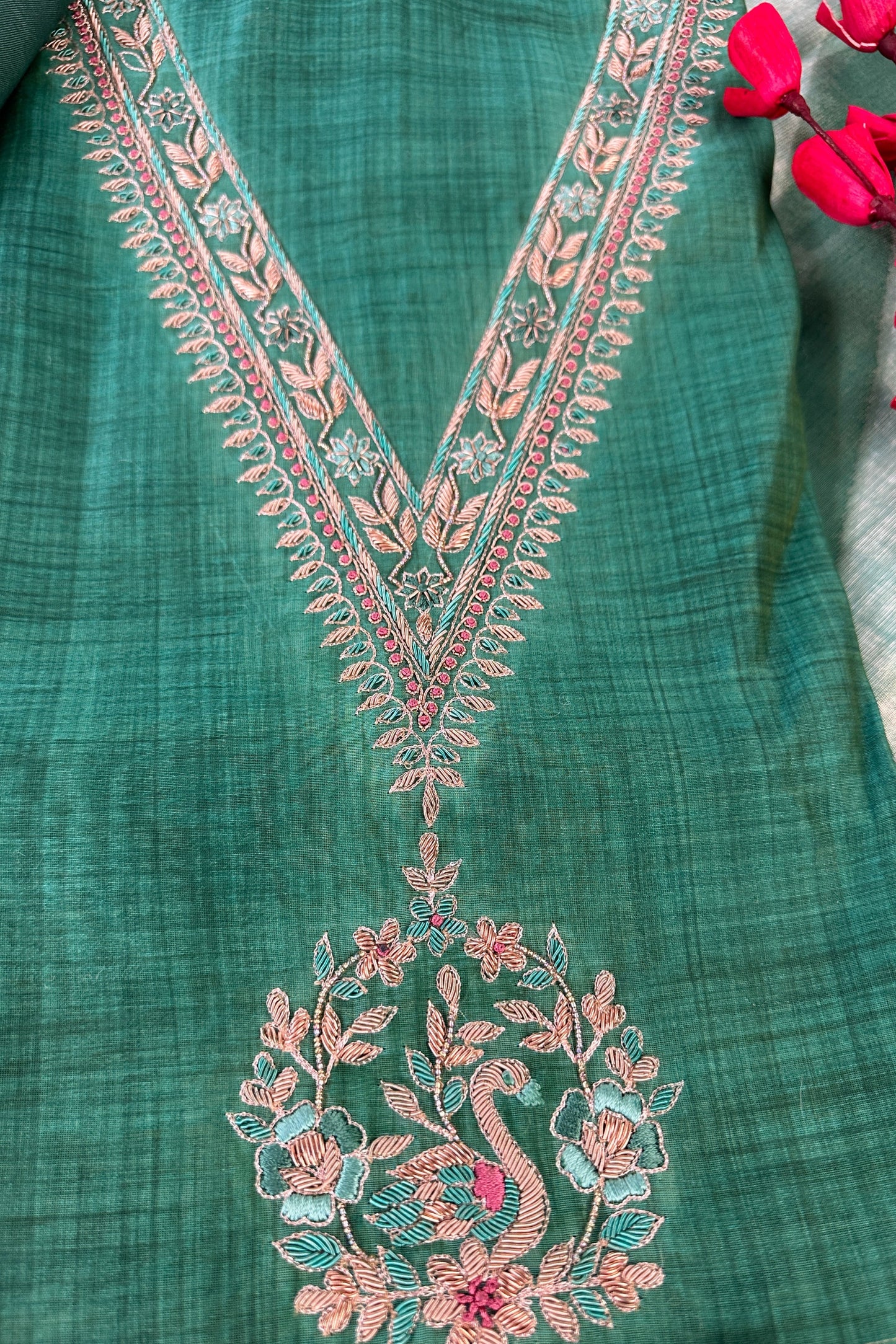 Chanderi V Neck Hand Embroidered Green Unstitched Suit Set