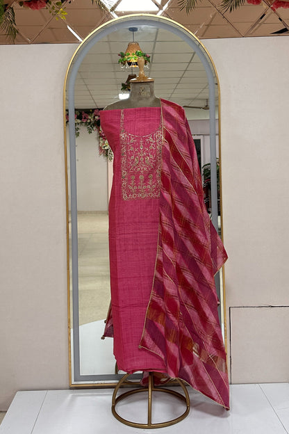 Chanderi Zardozi Embroidered Pink Unstitched Suit Set With Rangkat Dupatta
