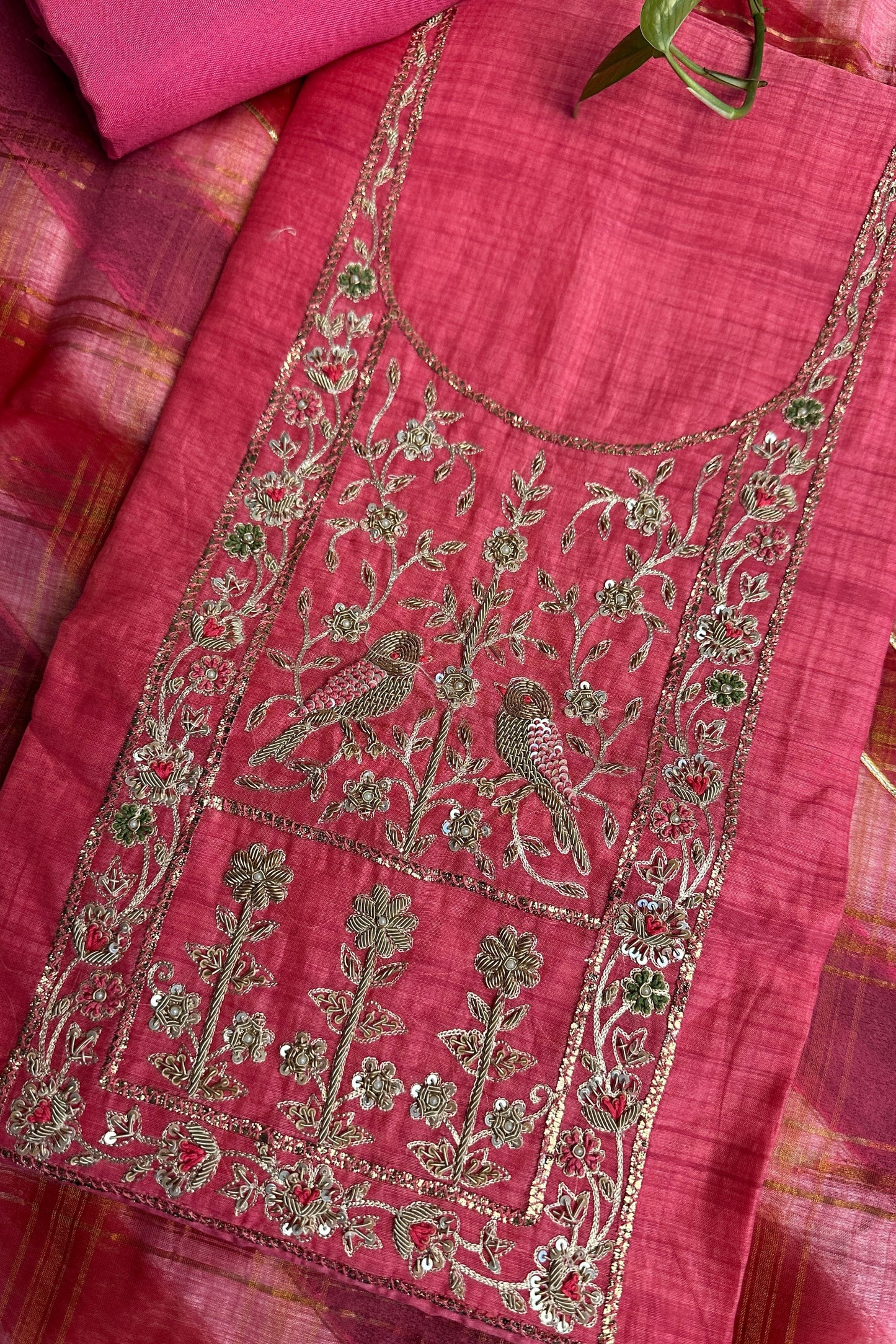 Chanderi Zardozi Embroidered Pink Unstitched Suit Set With Rangkat Dupatta