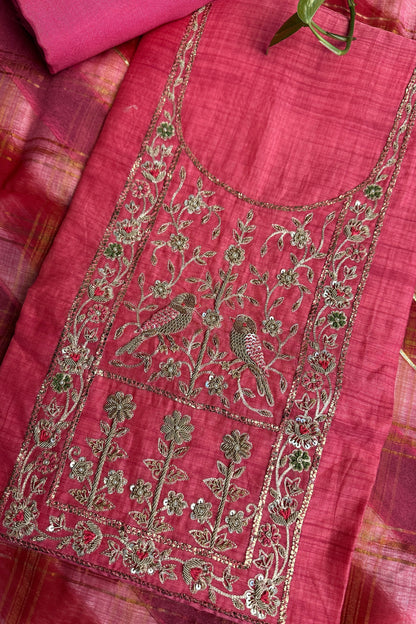 Chanderi Zardozi Embroidered Pink Unstitched Suit Set With Rangkat Dupatta