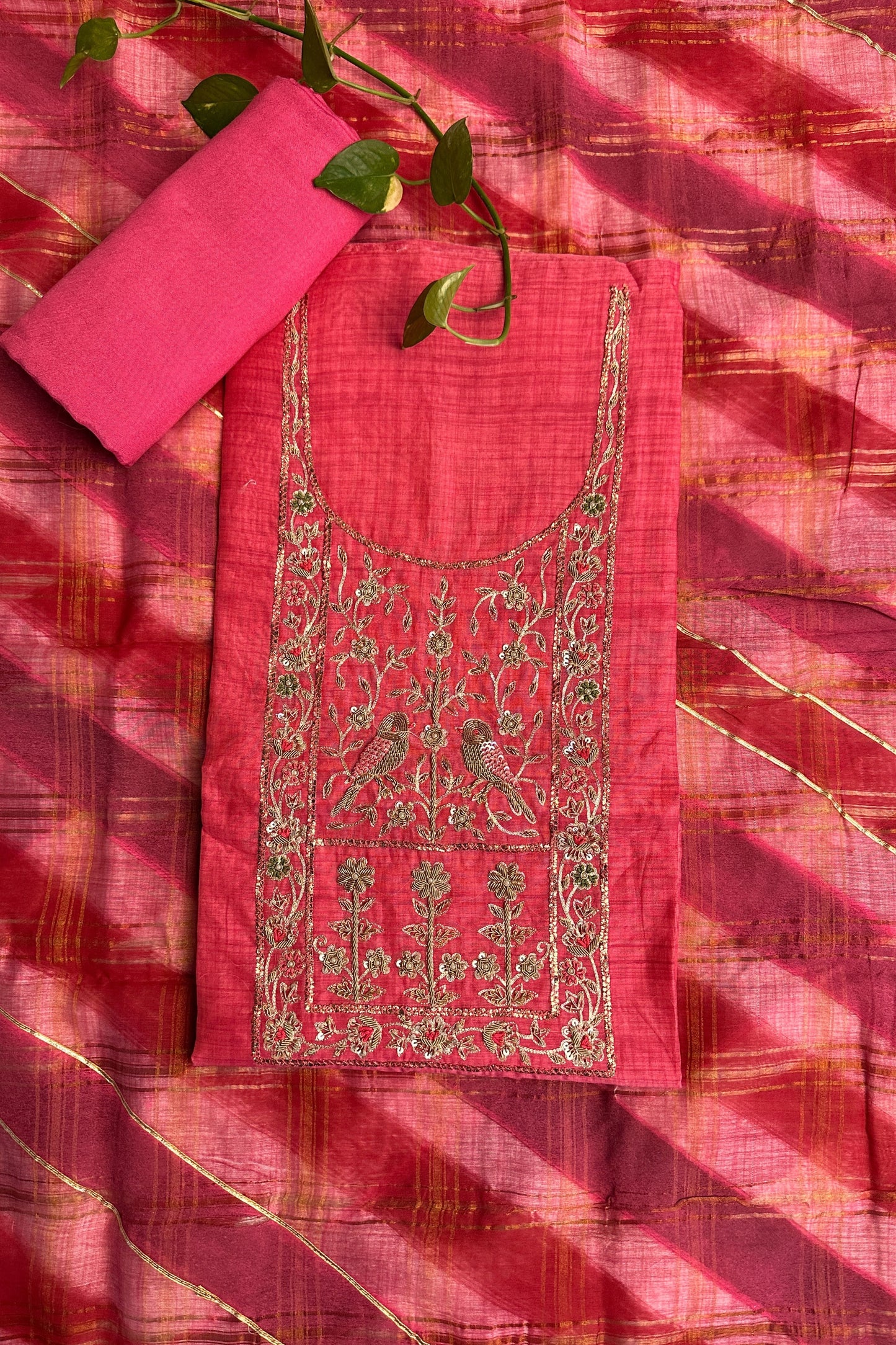 Chanderi Zardozi Embroidered Pink Unstitched Suit Set With Rangkat Dupatta