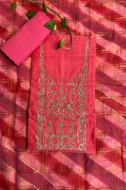 Chanderi Zardozi Embroidered Pink Unstitched Suit Set With Rangkat Dupatta