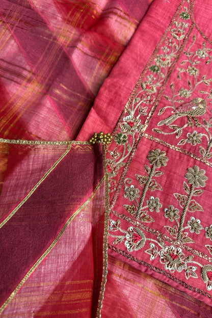 Chanderi Zardozi Embroidered Pink Unstitched Suit Set With Rangkat Dupatta