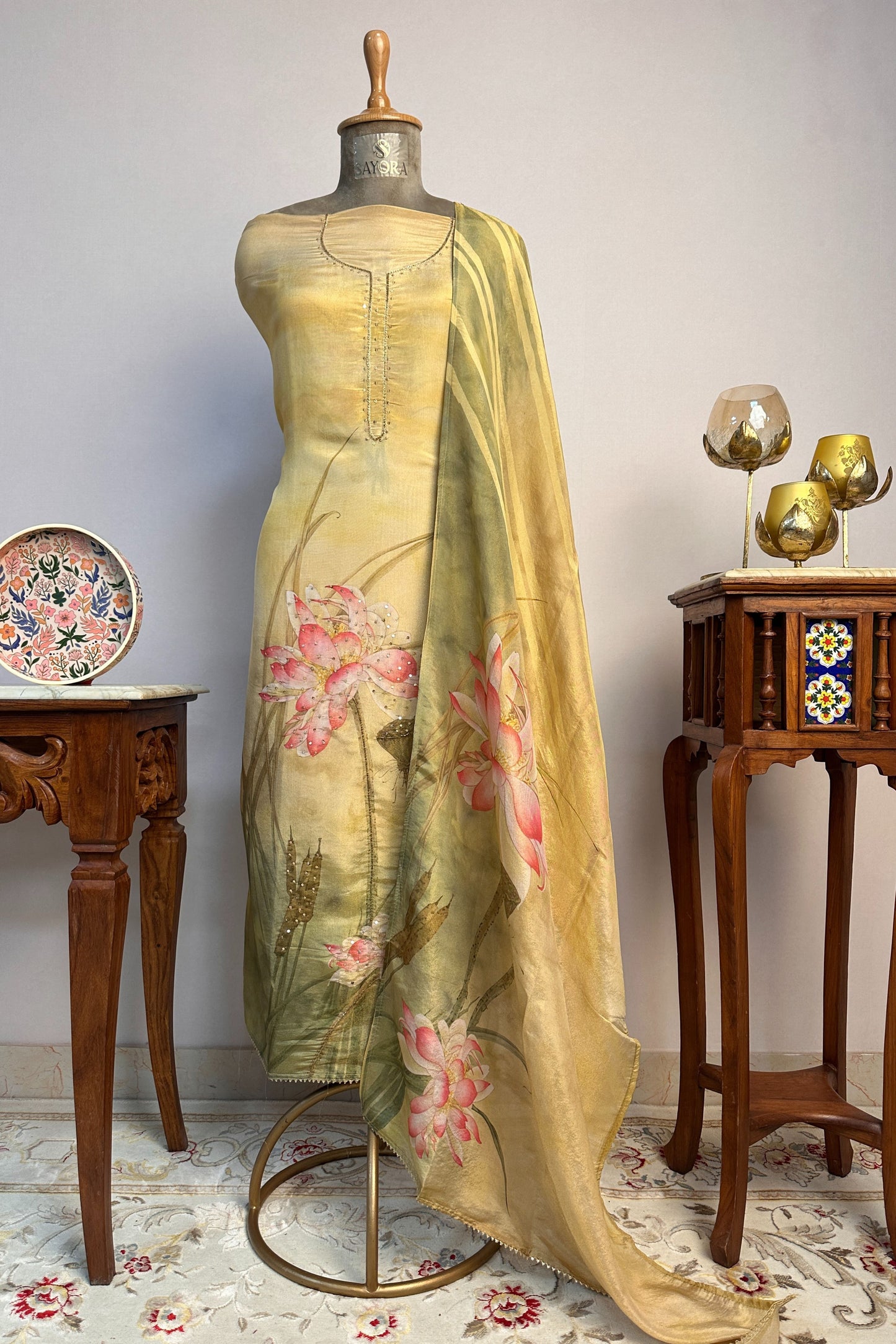 Chinon  Digital Printed Mustard Sequin Embroidered Unstitched Suit