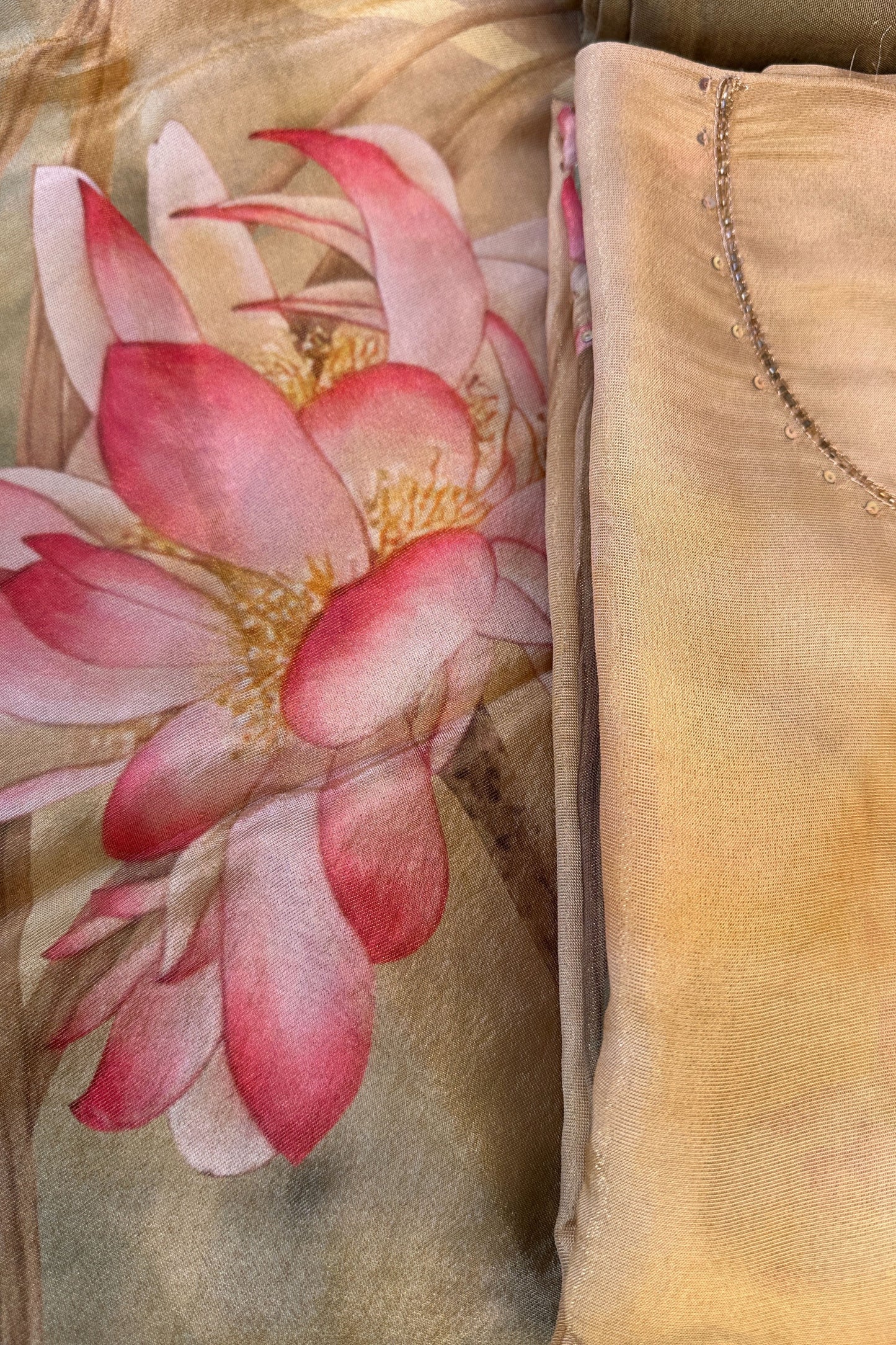 Chinon  Digital Printed Mustard Sequin Embroidered Unstitched Suit