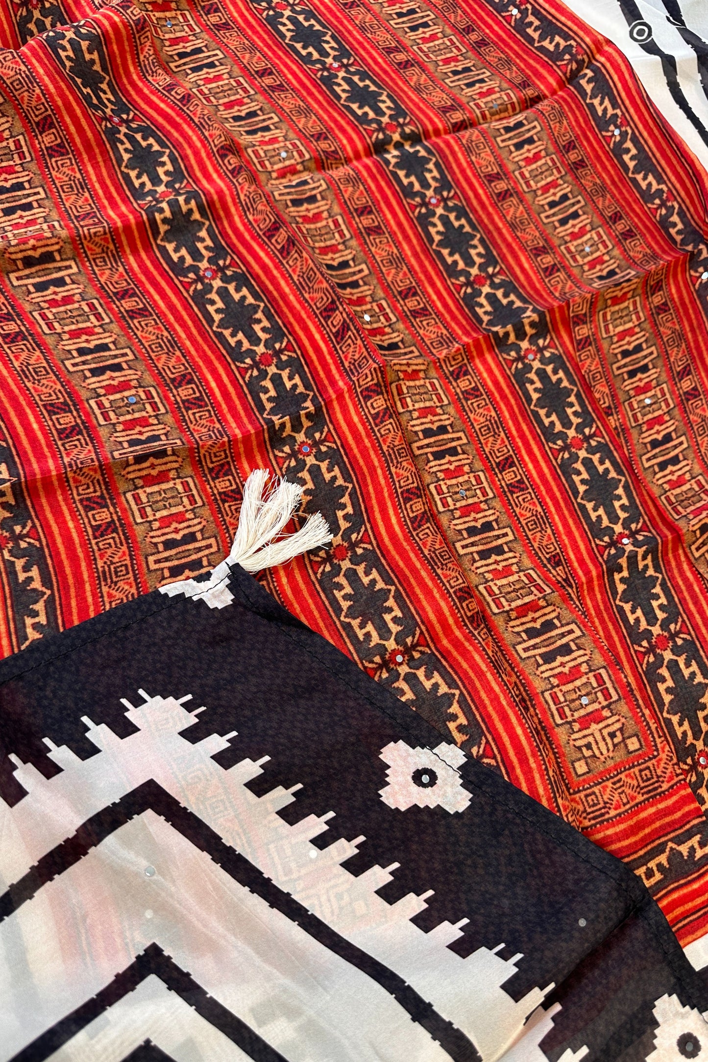 Chinon Silk Beige/Black Pearl Work Hand Embroidered Unstitched Suit Set