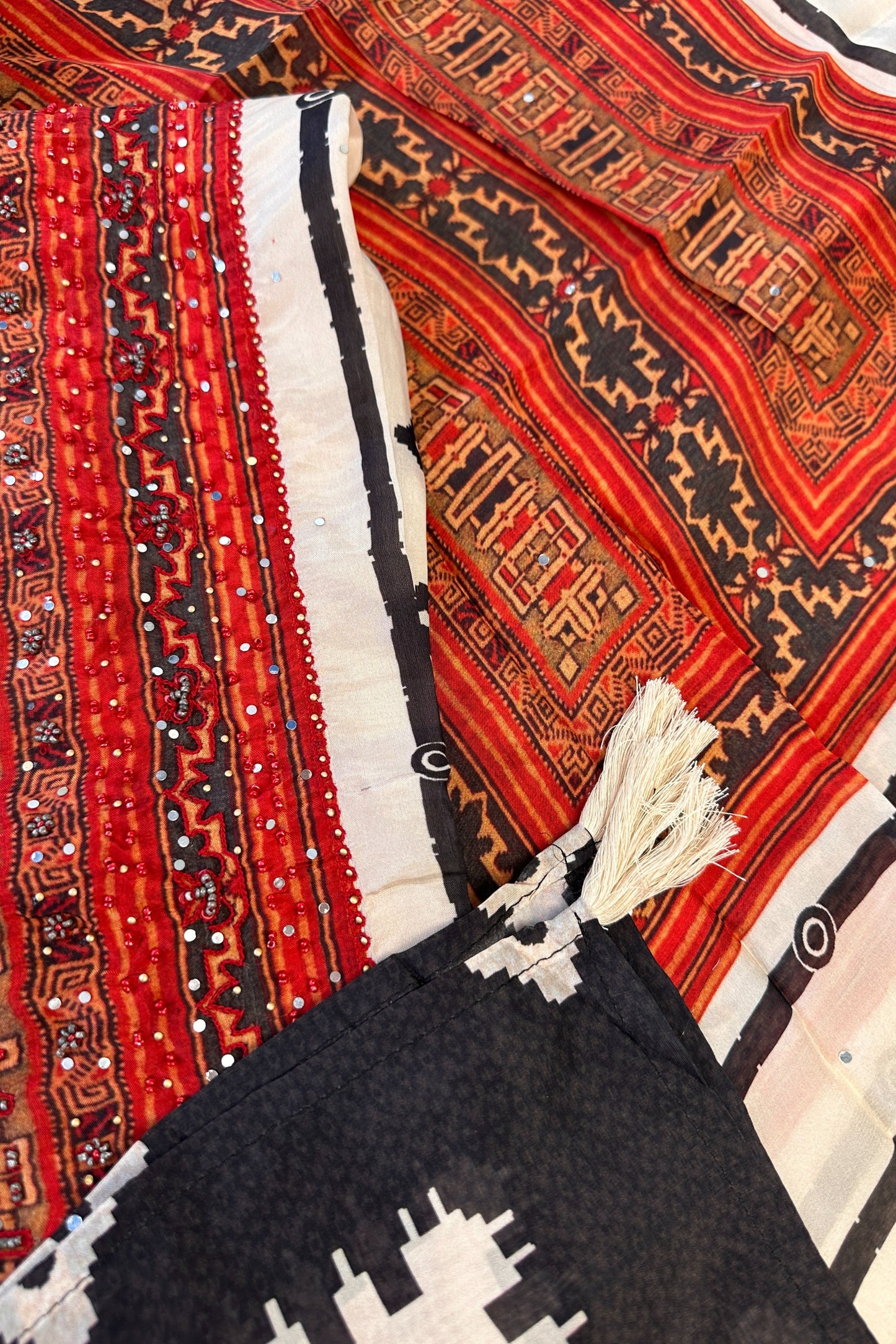 Chinon Silk Beige/Black Pearl Work Hand Embroidered Unstitched Suit Set