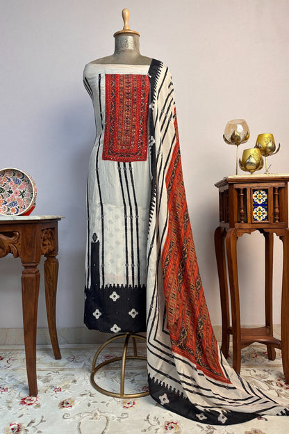 Chinon Silk Beige/Black Pearl Work Hand Embroidered Unstitched Suit Set