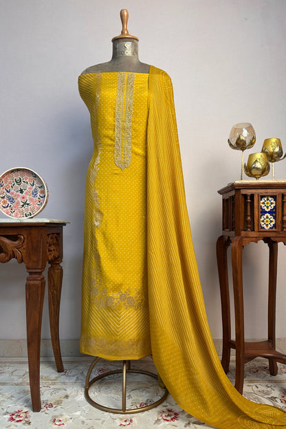 Crepe Silk Mustard Bandhani Printed Golden Zari handwork Unstitched Suit Set