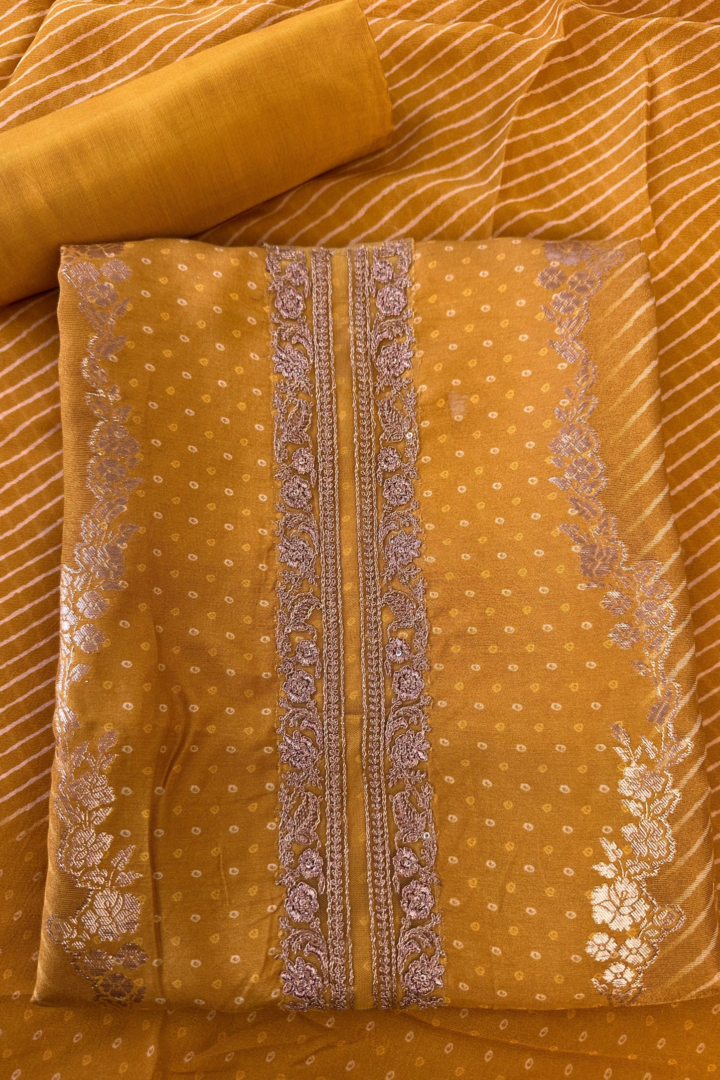Crepe Silk Mustard Bandhani Printed Golden Zari handwork Unstitched Suit Set