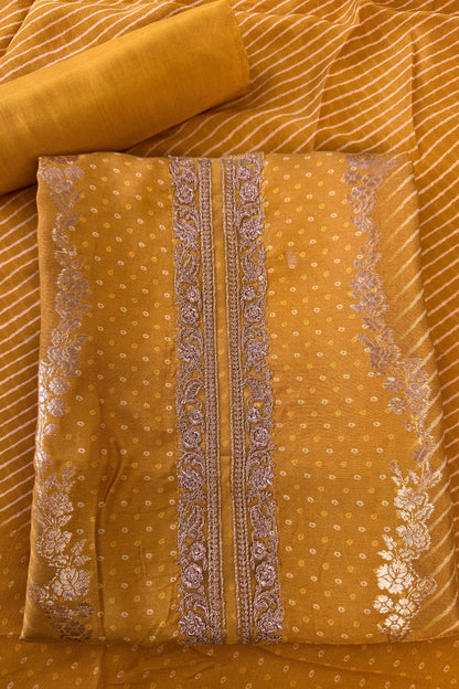 Crepe Silk Mustard Bandhani Printed Golden Zari handwork Unstitched Suit Set