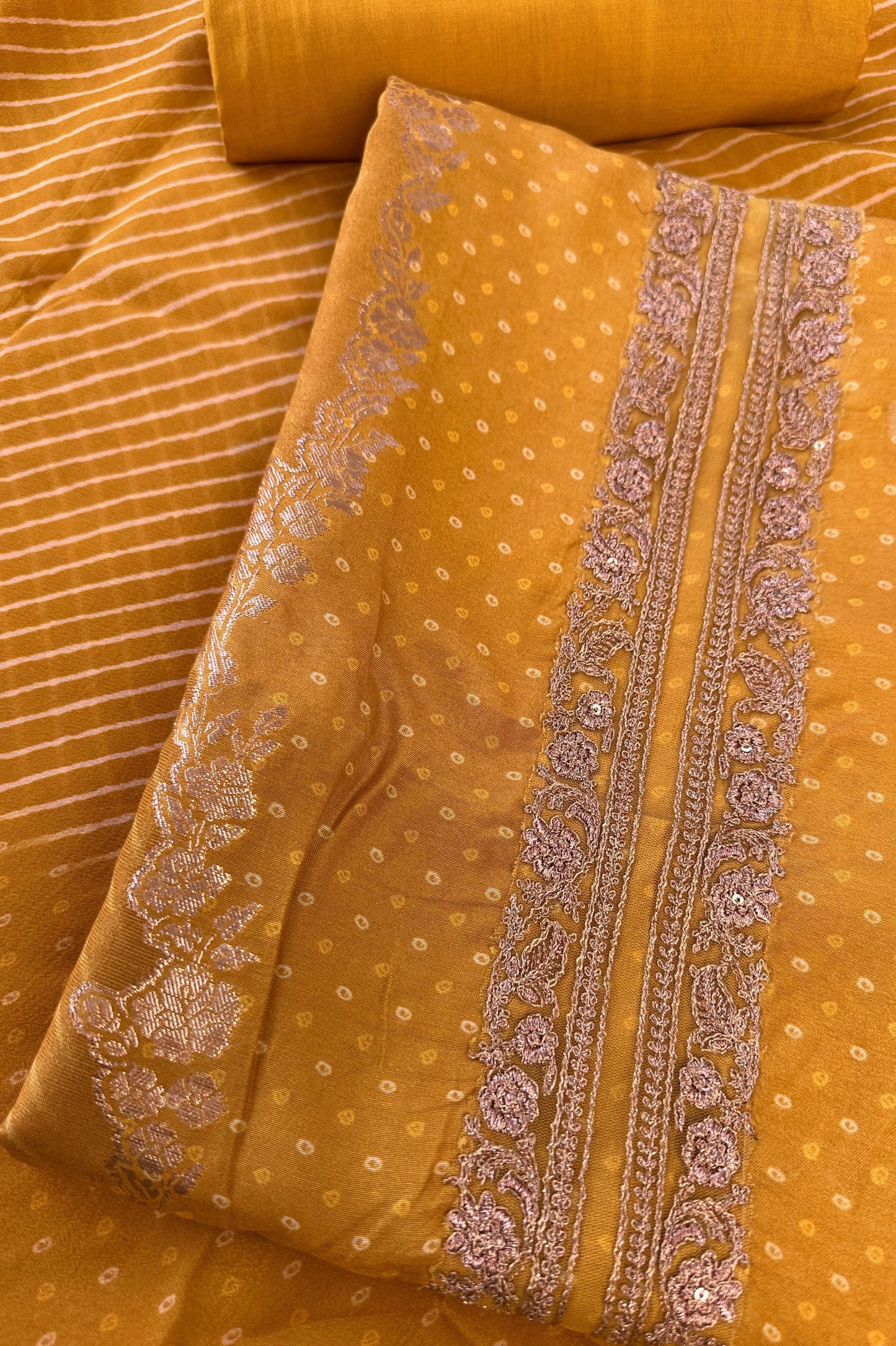 Crepe Silk Mustard Bandhani Printed Golden Zari handwork Unstitched Suit Set