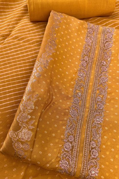 Crepe Silk Mustard Bandhani Printed Golden Zari handwork Unstitched Suit Set