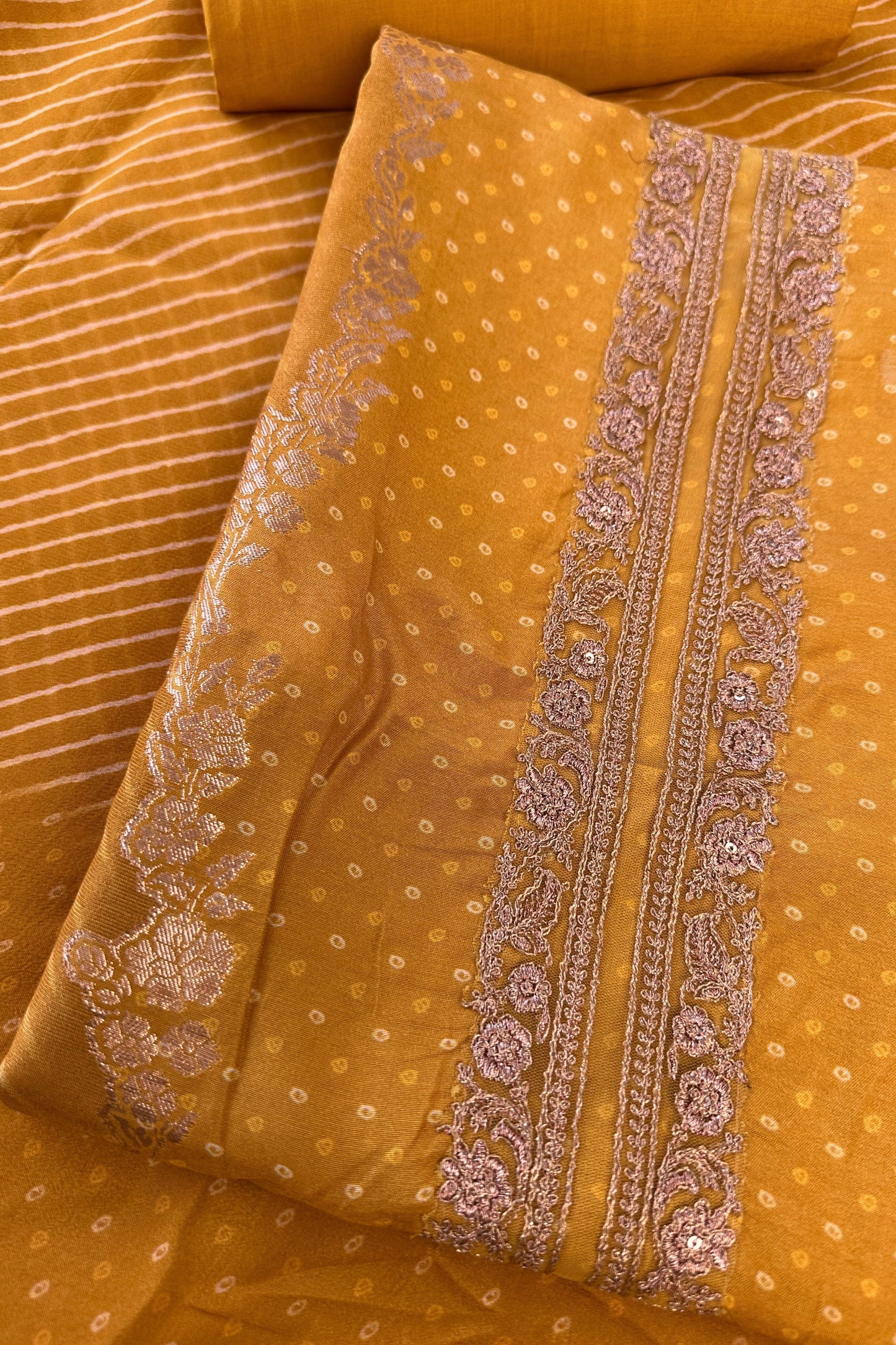 Crepe Silk Mustard Bandhani Printed Golden Zari handwork Unstitched Suit Set