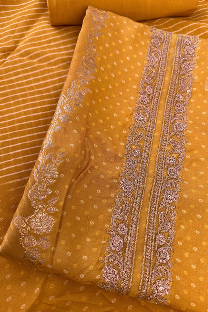 Crepe Silk Mustard Bandhani Printed Golden Zari handwork Unstitched Suit Set