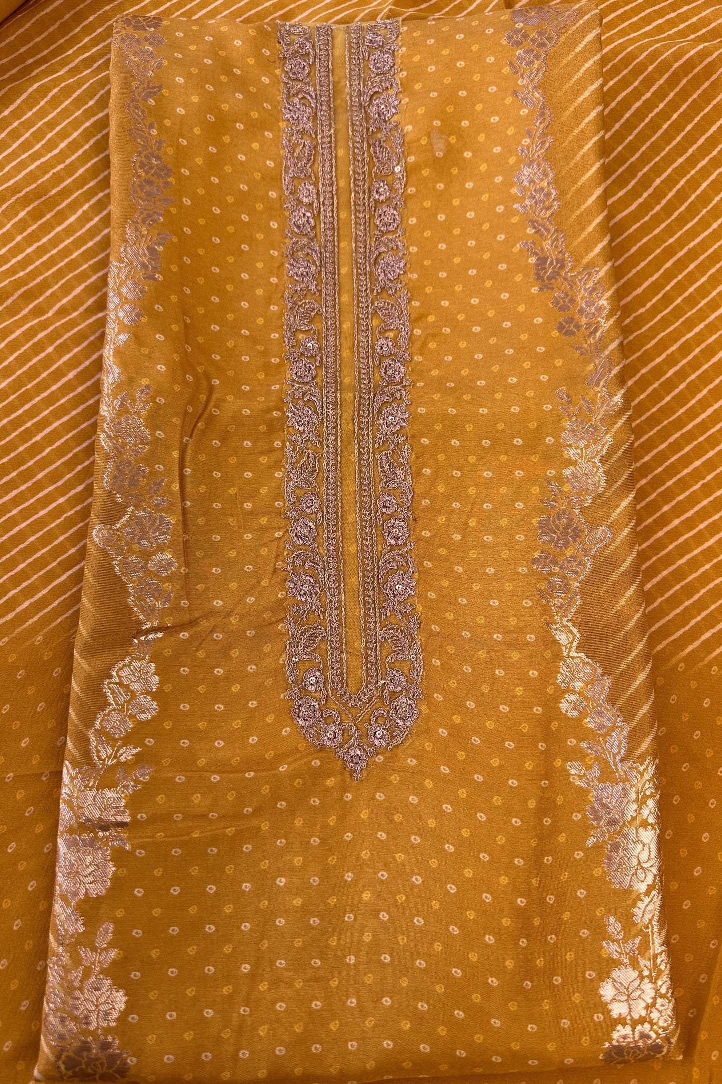 Crepe Silk Mustard Bandhani Printed Golden Zari handwork Unstitched Suit Set
