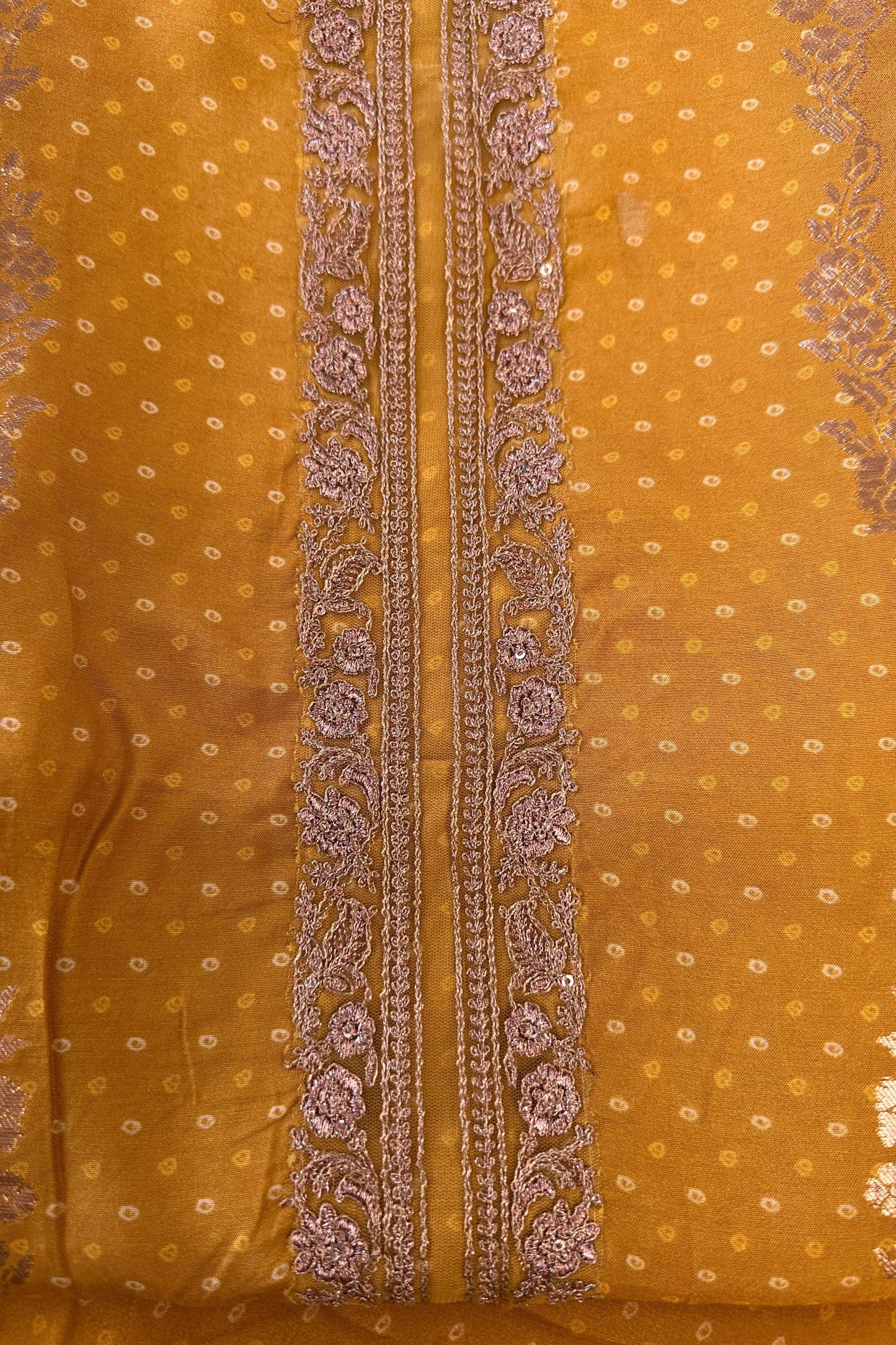 Crepe Silk Mustard Bandhani Printed Golden Zari handwork Unstitched Suit Set