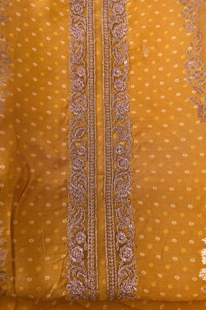 Crepe Silk Mustard Bandhani Printed Golden Zari handwork Unstitched Suit Set