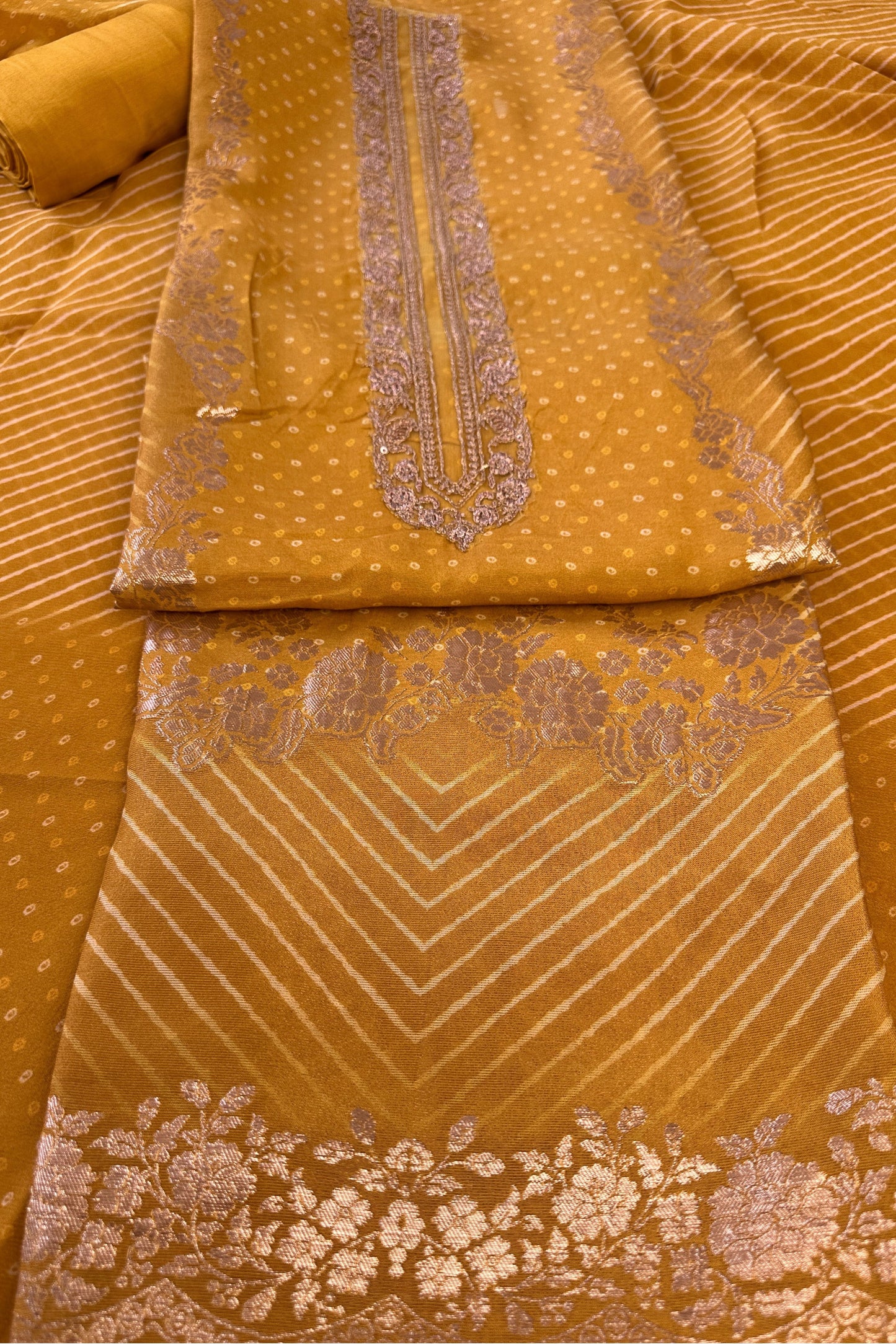 Crepe Silk Mustard Bandhani Printed Golden Zari handwork Unstitched Suit Set