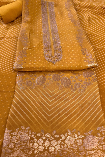 Crepe Silk Mustard Bandhani Printed Golden Zari handwork Unstitched Suit Set