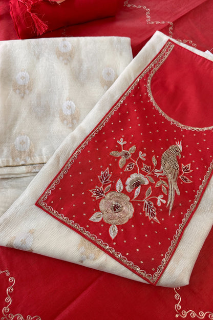 Banarasi Weaved  Zardozi Embroidered Unstitched Suit Set With Pitta Work Dupatta