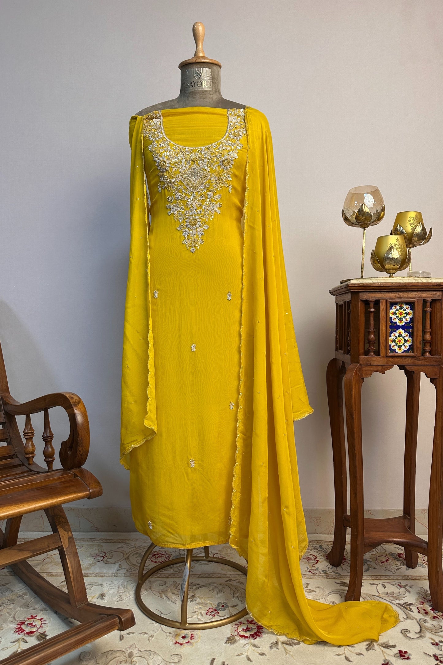 Crepe Silk Yellow Hand Embroidered Unstitched Suit Set With Golden Thread Zari Embroidery