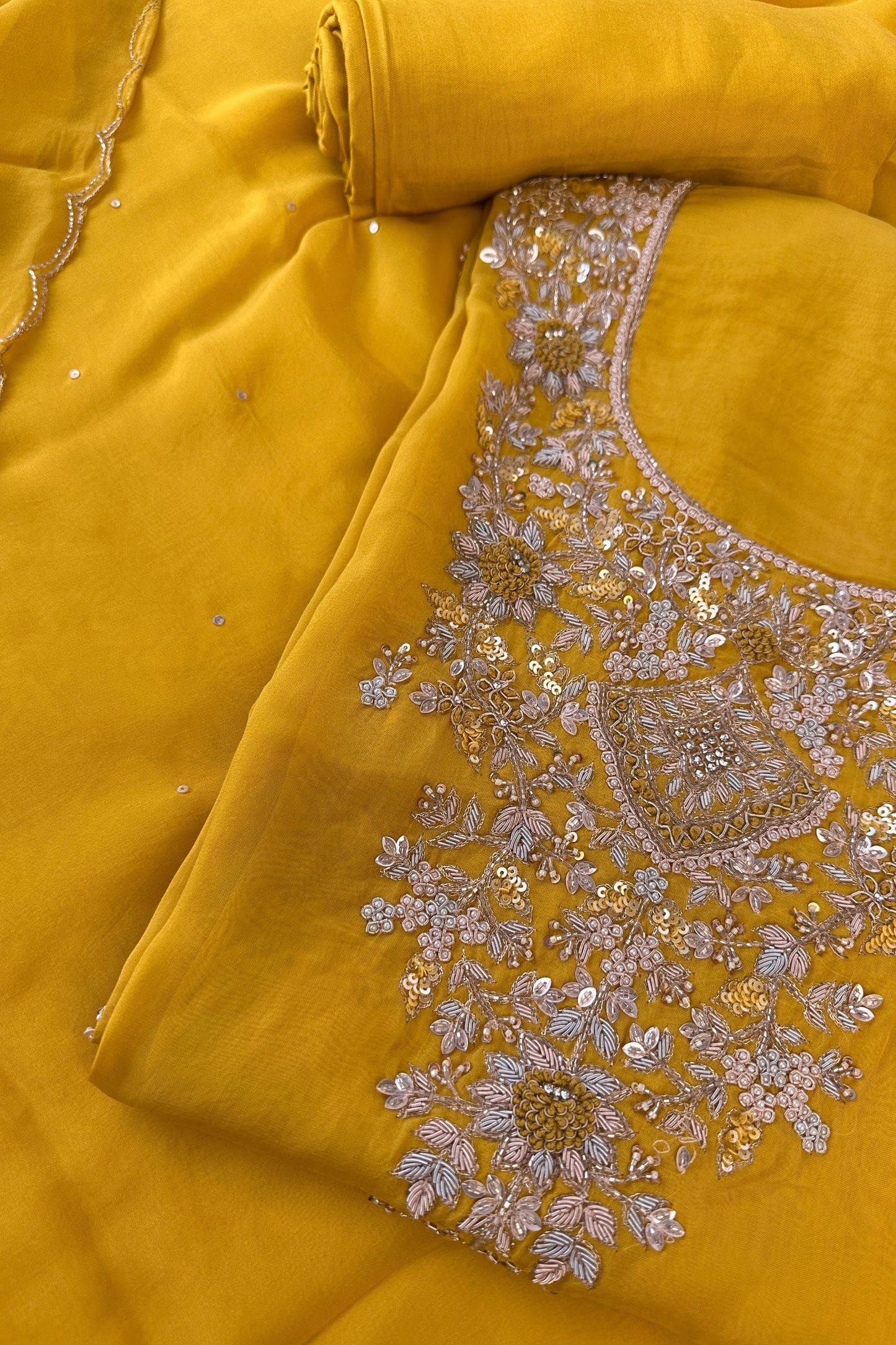 Crepe Silk Yellow Hand Embroidered Unstitched Suit Set With Golden Thread Zari Embroidery