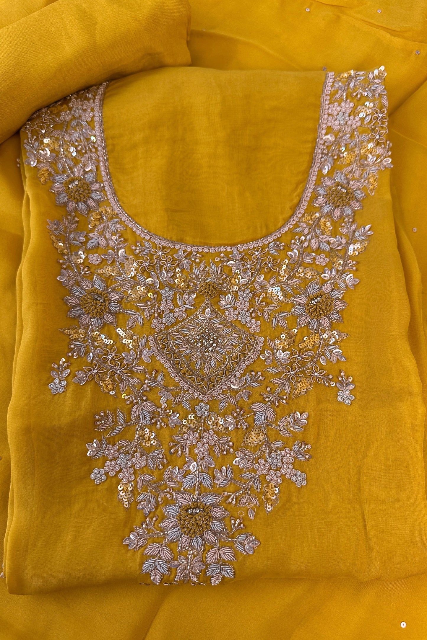 Crepe Silk Yellow Hand Embroidered Unstitched Suit Set With Golden Thread Zari Embroidery